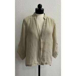 Silk Culture Women's Beige Button Front Blouse Large Shirt Linen Quarter Sleeve